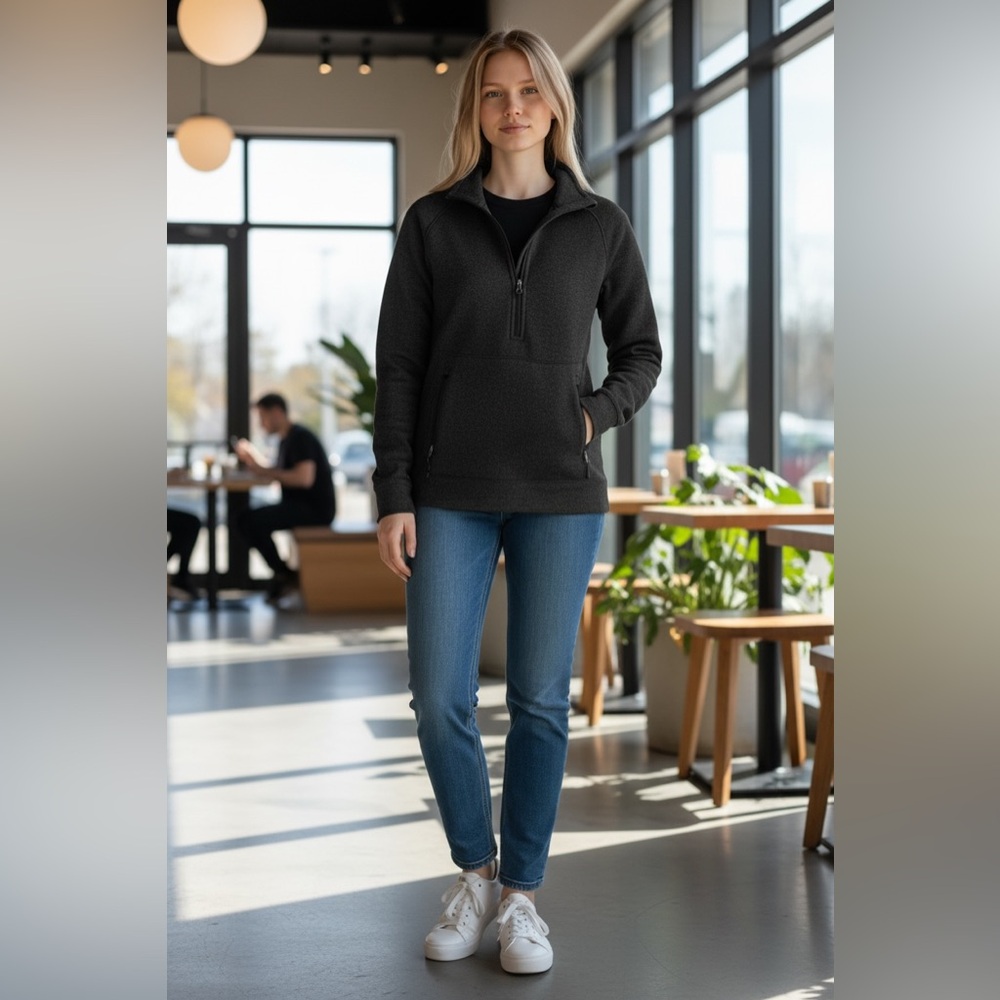 The North Face Women M Black Fleece Half Zip Hooded Pullover Sweater Jacket